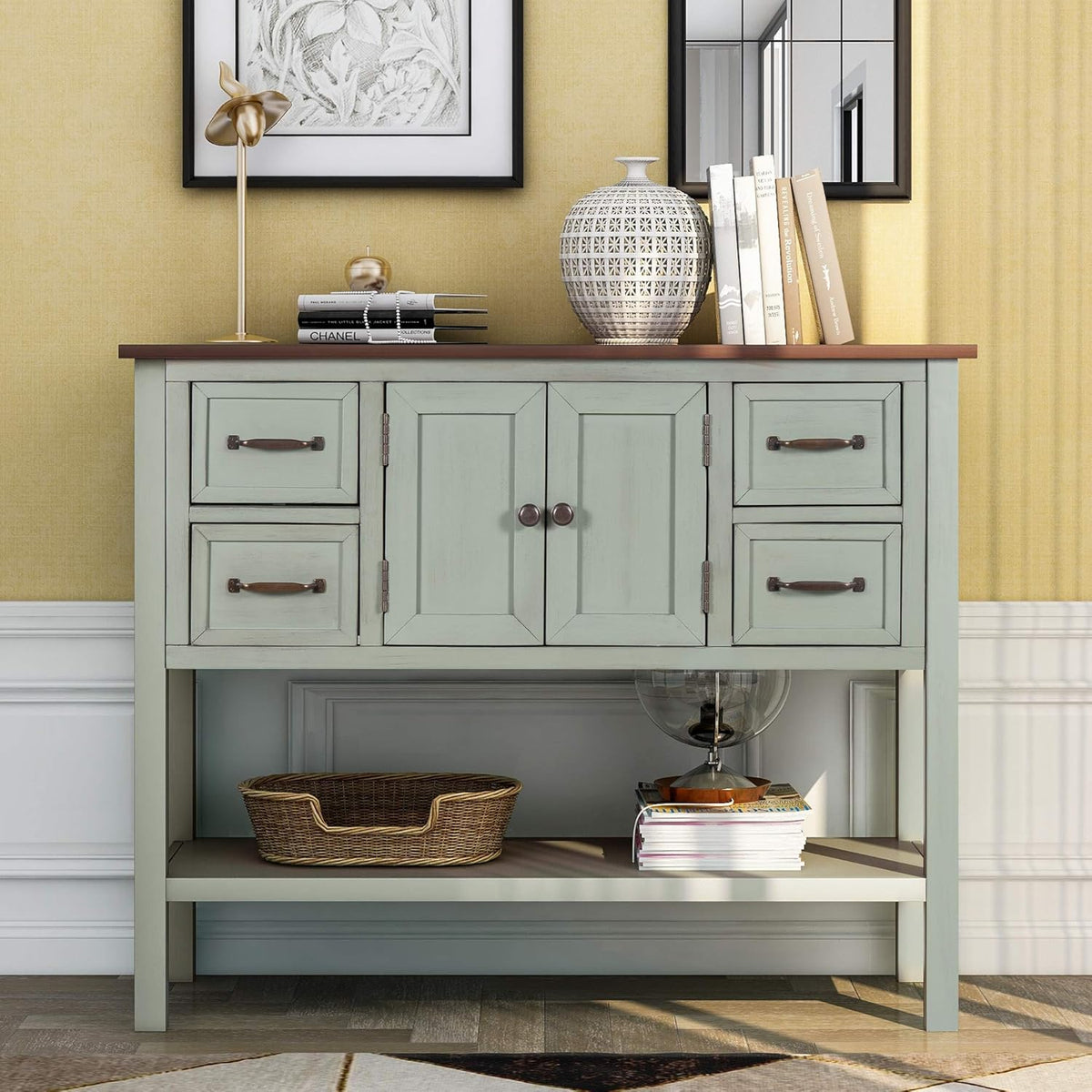 White Console Table with Doors Drawers and Bottom Open Shelf M367