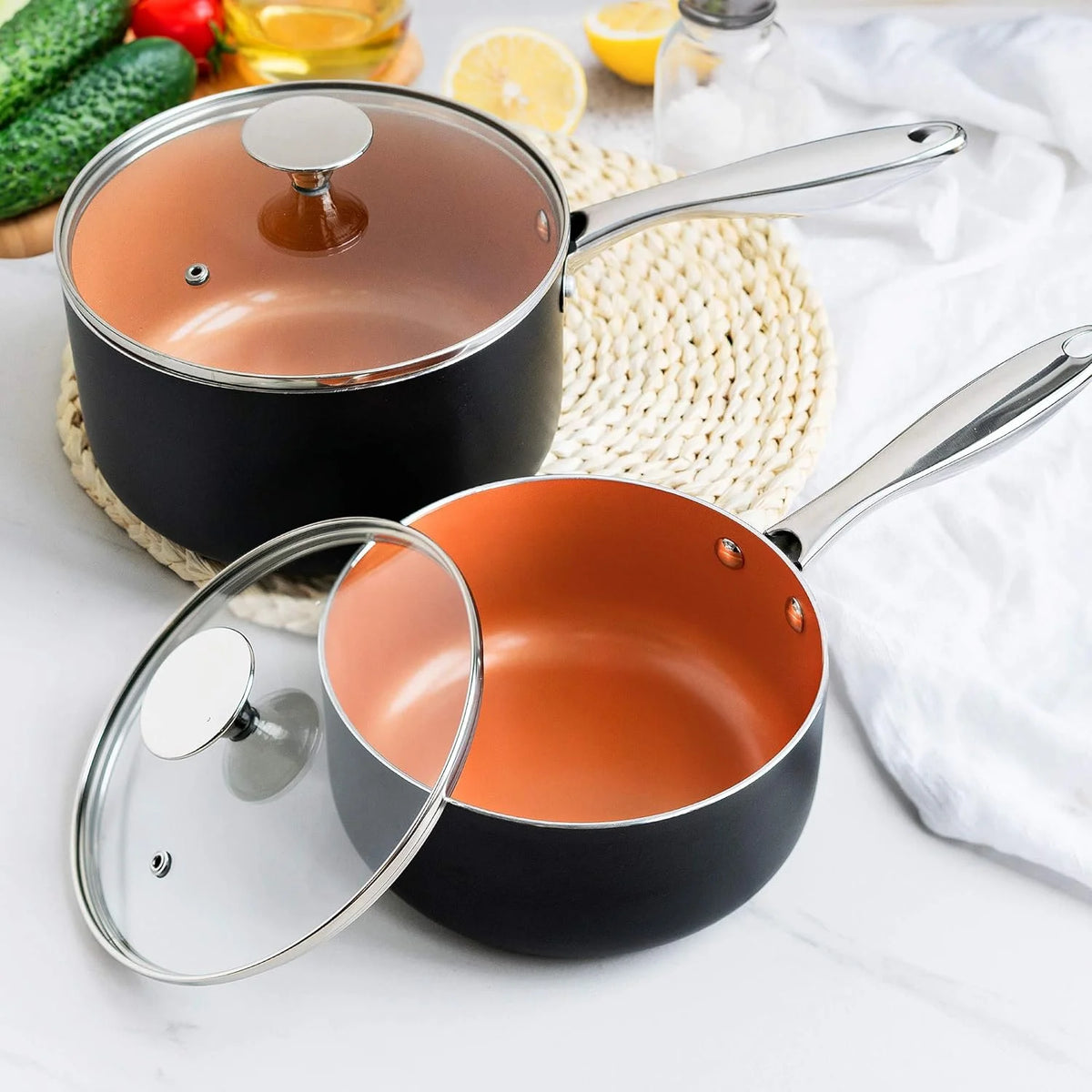 3 Piece Copper Ceramic Nonstick Saucepan Set with Lid L307