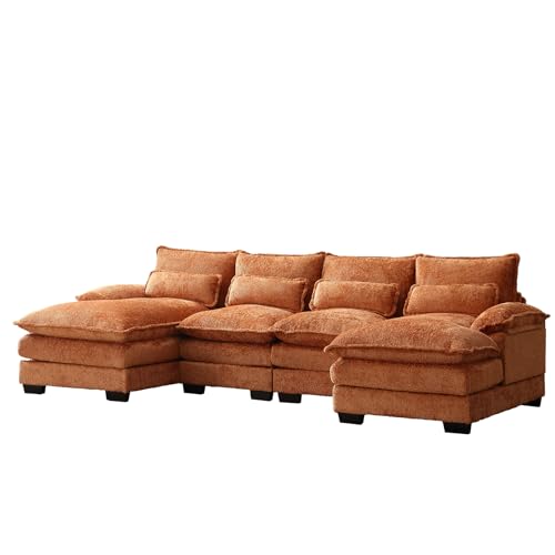 U Shape Sectional Sofa, 110" Upholstery Modular Sofa, 4 Seat Chenille Sleeper Sofa with Double Chaise, Orange Q6210