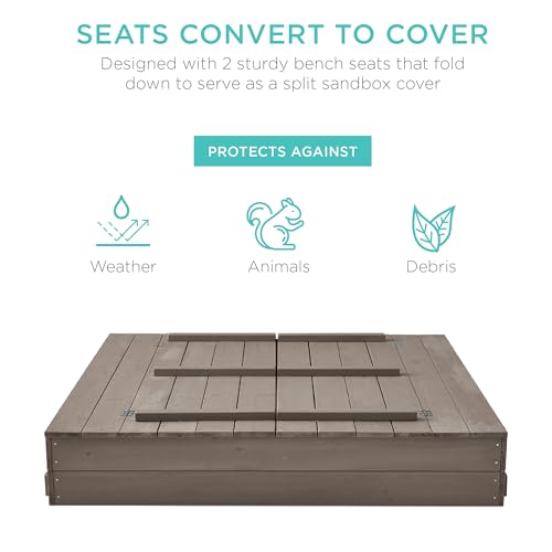 Kids' Outdoor Wooden Sandbox with Foldable Bench Seats X353858
