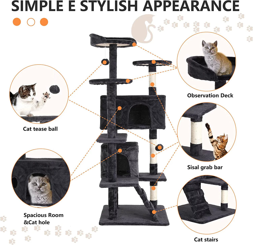 54in Dark Gray Cat Tree Tower with Scratching Posts N1832