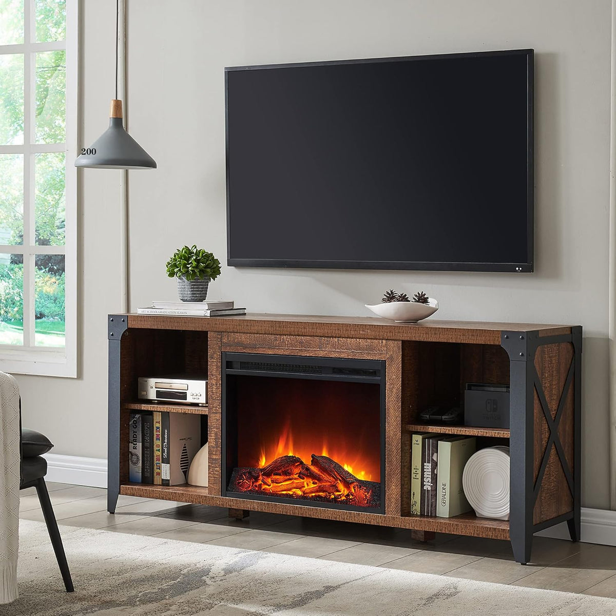 Industrial Entertainment Center with Electric Fireplace, Dark Rustic Oak R924