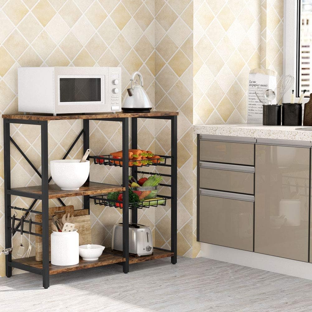 Kitchen Cart Microwave Oven Stand Utility Storage Shelf with Wire Basket and 6 Hooks T879508