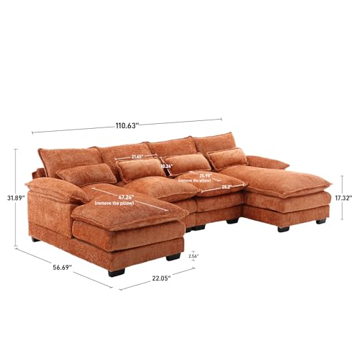 U Shape Sectional Sofa, 110" Upholstery Modular Sofa, 4 Seat Chenille Sleeper Sofa with Double Chaise, Orange Q6210
