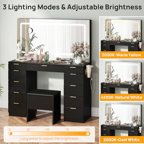 Vanity Desk with Sliding Lighted Mirror, Stool, 8 Storage Shelves, 5 Drawers, Charging Station Y6556