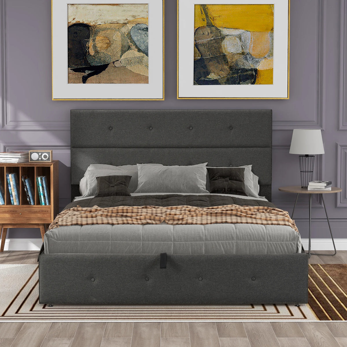 Gray Queen Size Upholstered Lift Up Platform Bed with Headboard and Underneath Storage B543625