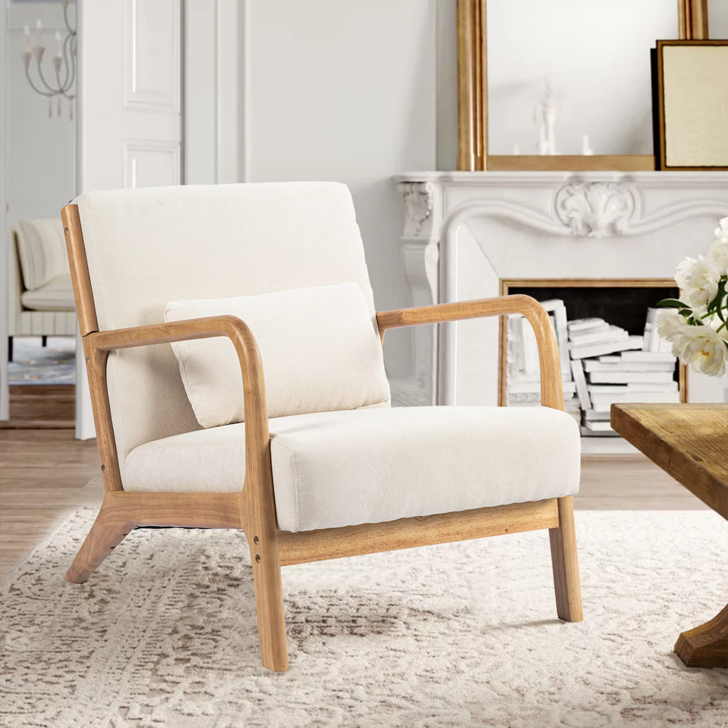 Beige Linen Upholstered Accent Armchair with Solid Wood Frame and Pillow H518