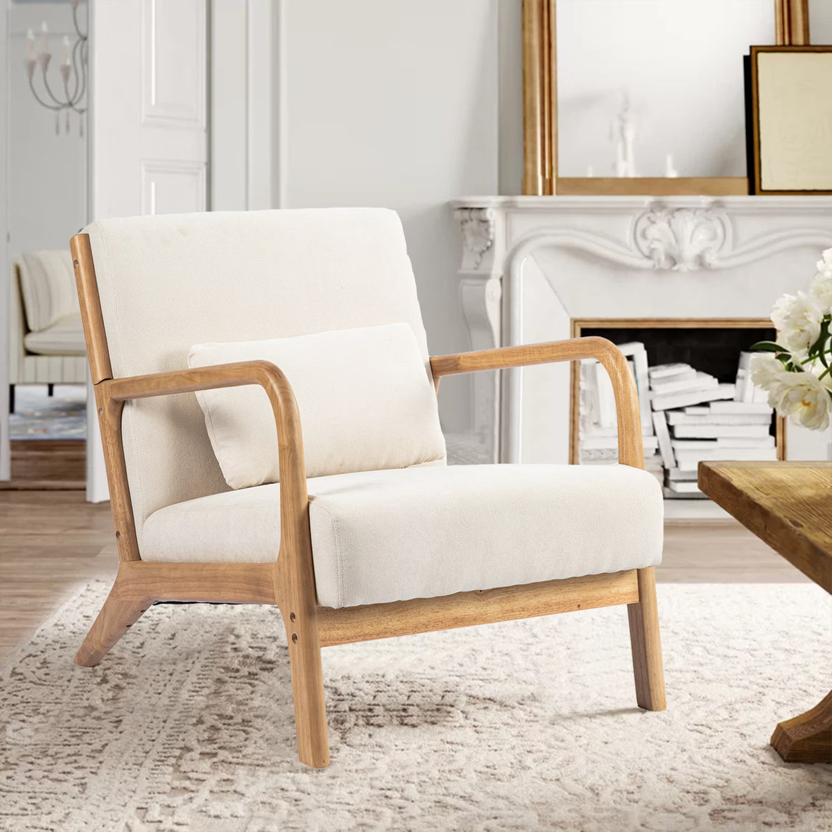 Beige Linen Upholstered Accent Armchair with Solid Wood Frame and Pillow H518