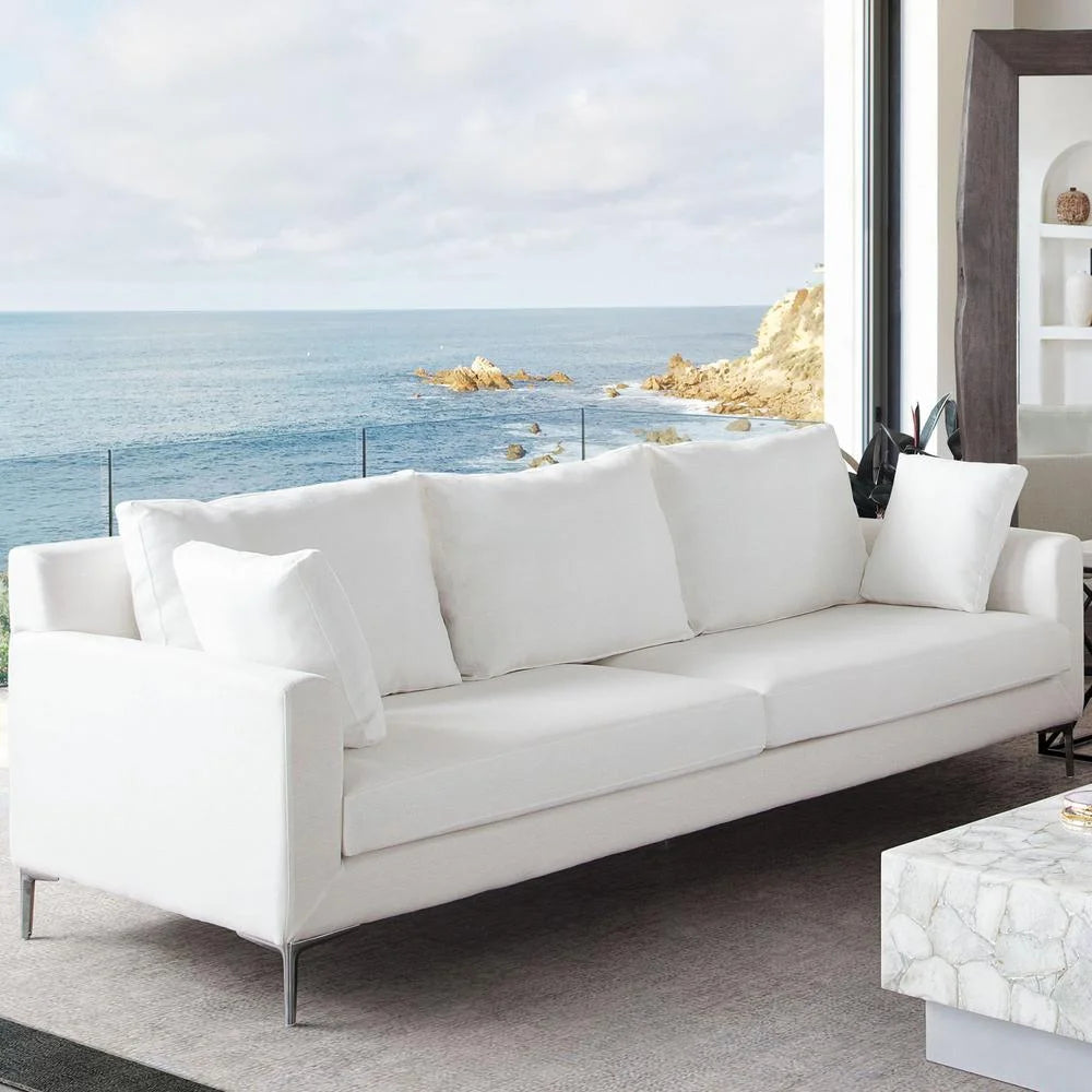 White Linen Sofa with Polished Silver Metal Leg C40230