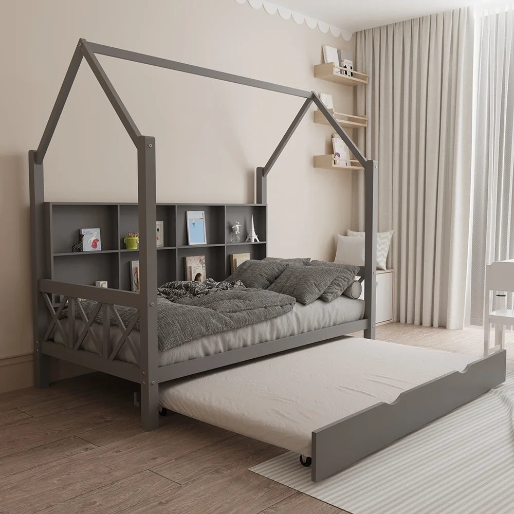 Twin House Bed with Trundle and Storage Shelve I340