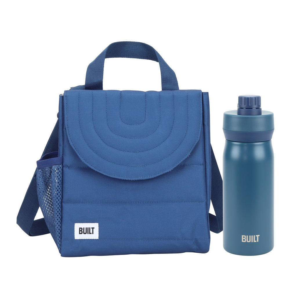 Blue Reusable Lunch Bag and 16 fl oz Stainless Steel Water Bottle Bundle T58733