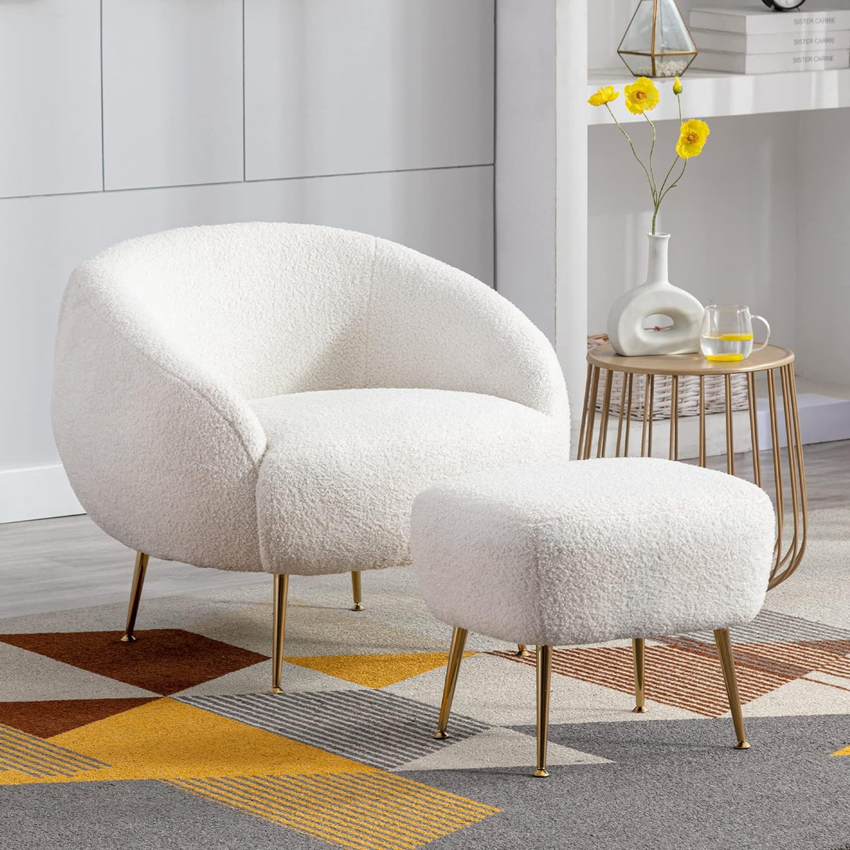 Modern Comfy Leisure Accent Chair With Ottoman Teddy Short Plush Particle Velvet Sofa Armchair Y3177