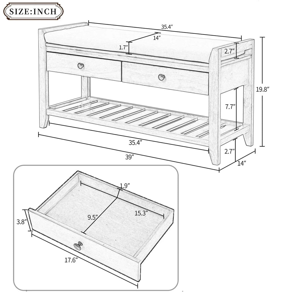 White Cushioned Seat Entryway Bench with 2 Drawers U7577
