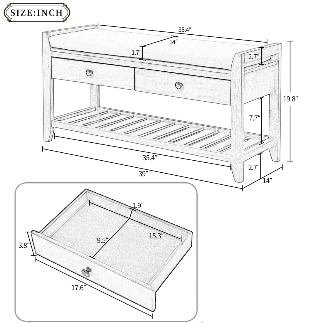 White Cushioned Seat Entryway Bench with 2 Drawers U7577