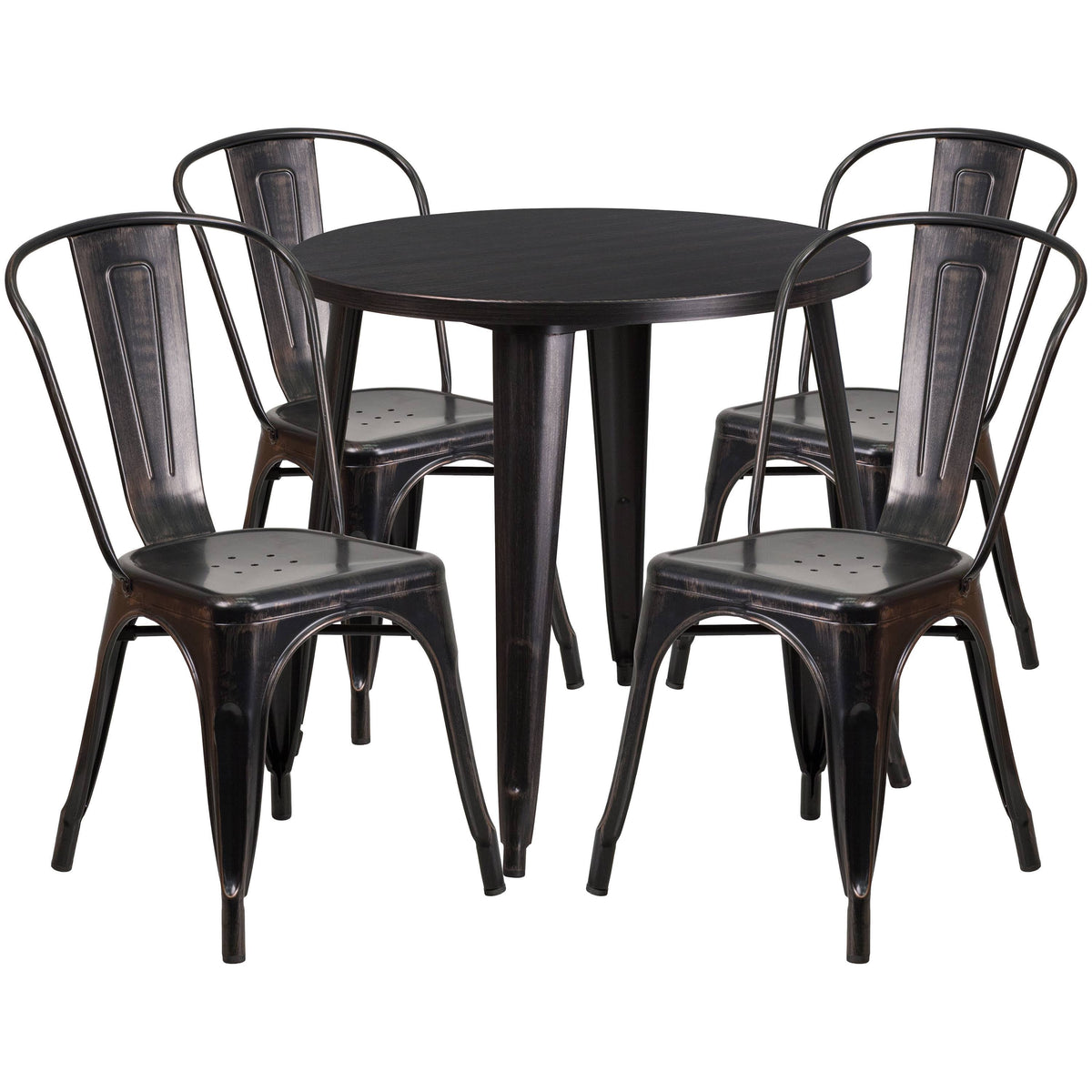 Round Black-Antique Gold Metal Table Set with 4 Cafe Chairs U33442