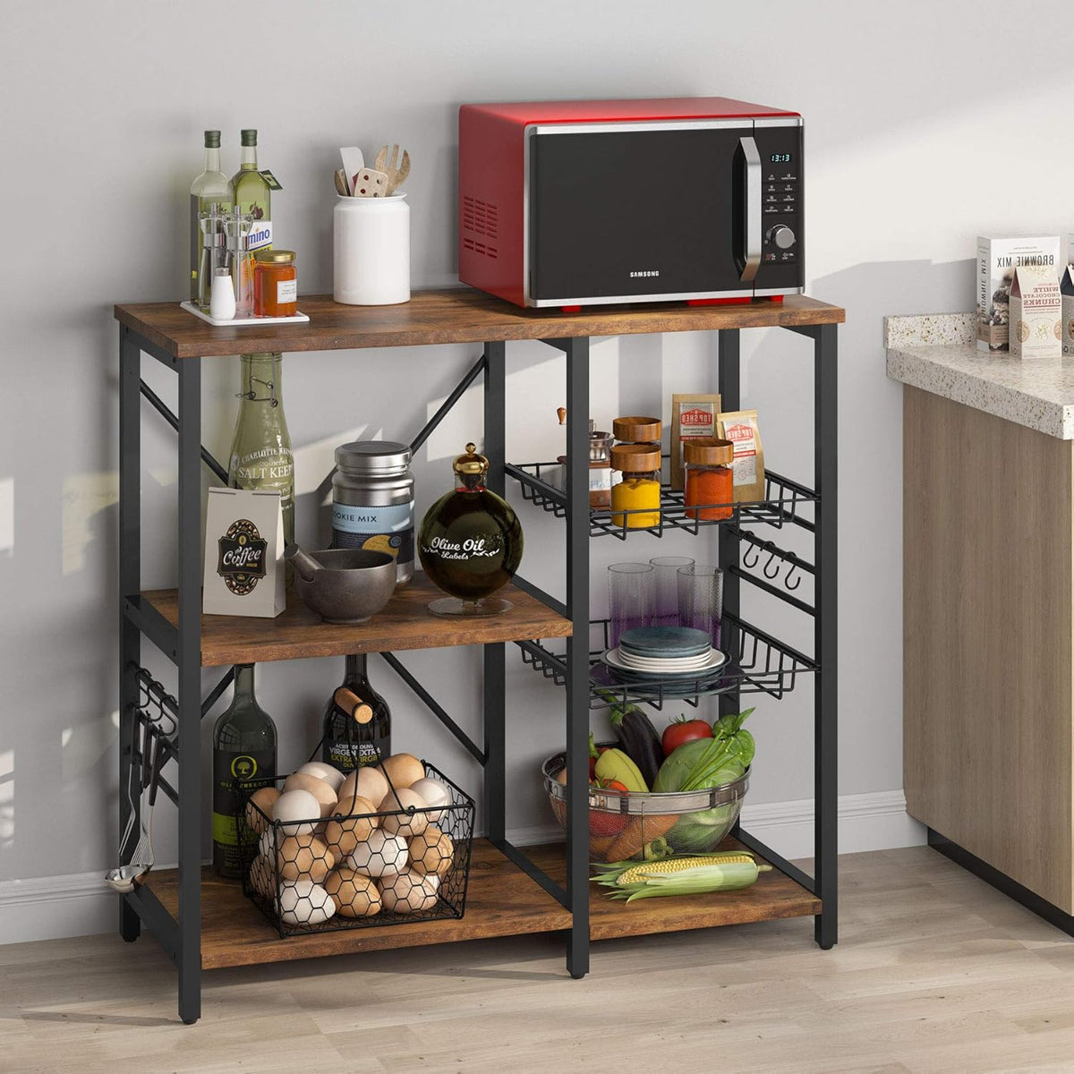Kitchen Cart Microwave Oven Stand Utility Storage Shelf with Wire Basket and 6 Hooks G810