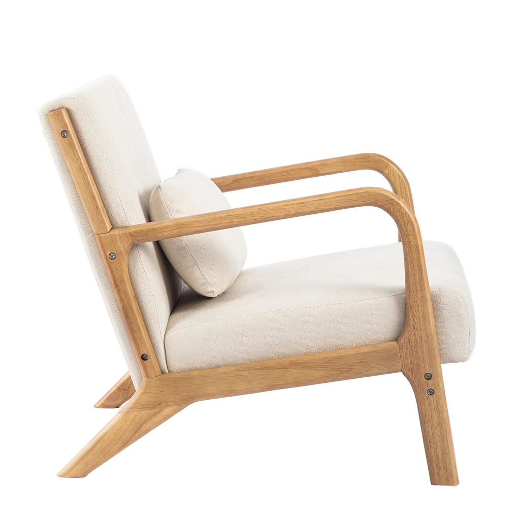 Beige Linen Upholstered Accent Armchair with Solid Wood Frame and Pillow H518