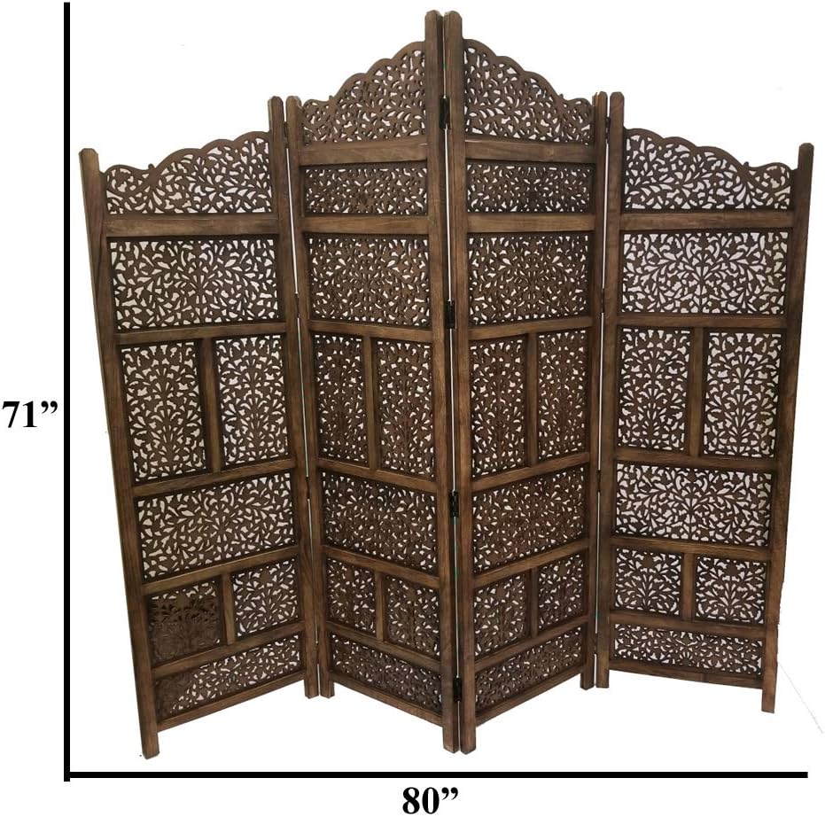 Hand Carved Foldable 4-Panel Wooden Room Divider L1342