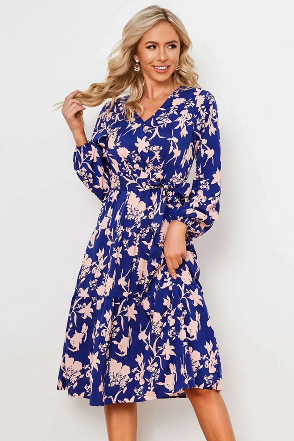 Floral Belted Tiered Midi Dress O33385