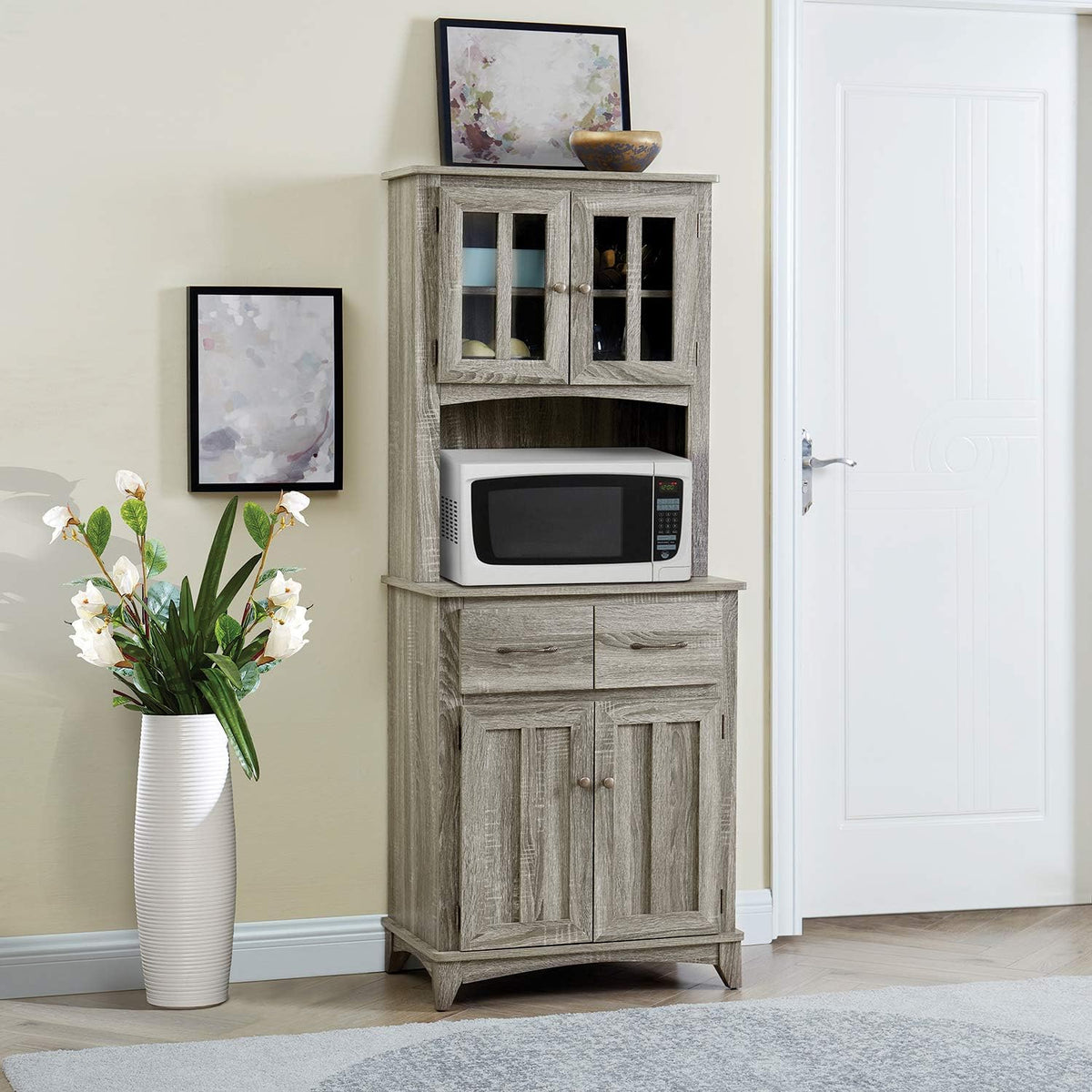 Gray Microwave Stand with Top and Bottom Cabinets W28416