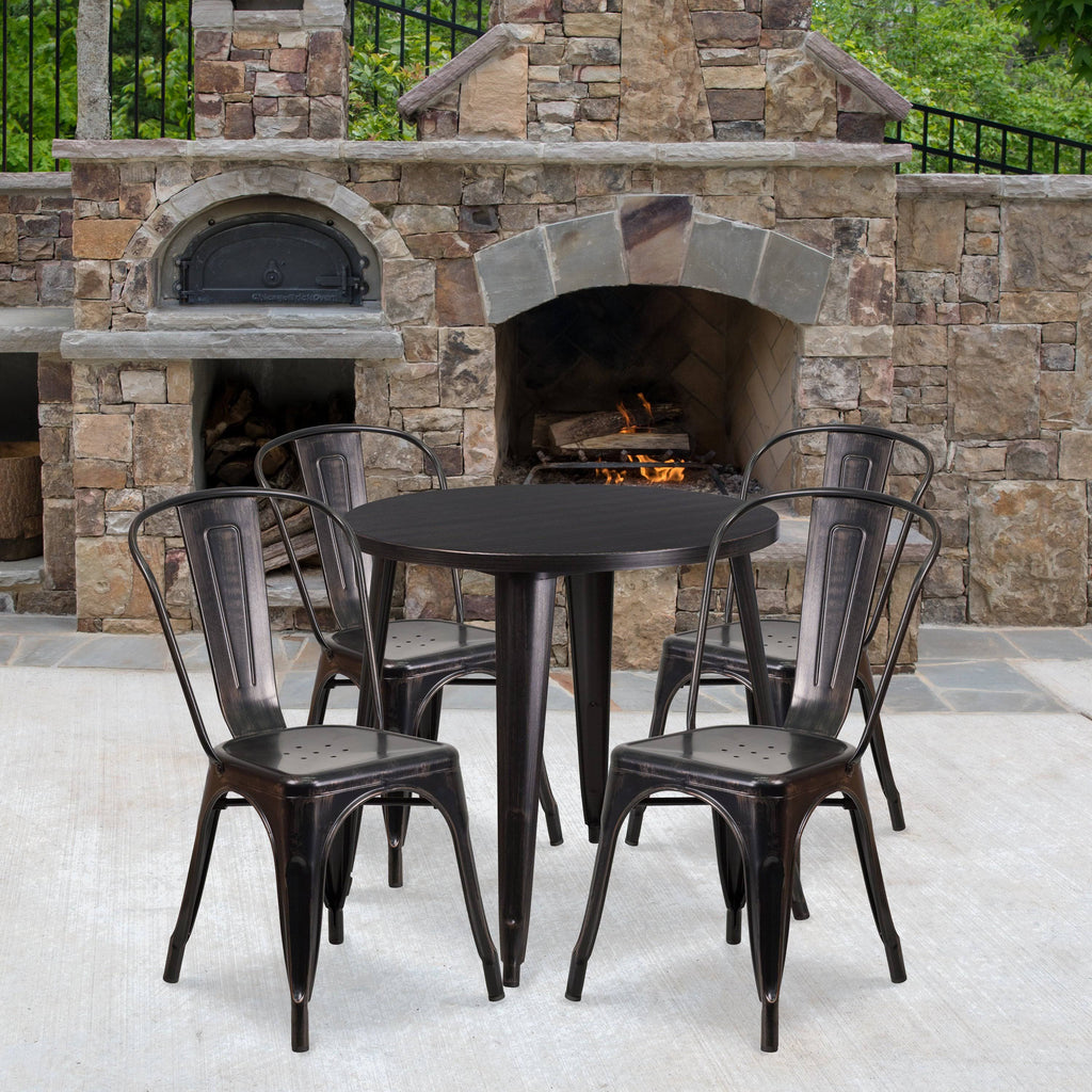 Round Black-Antique Gold Metal Table Set with 4 Cafe Chairs L47563