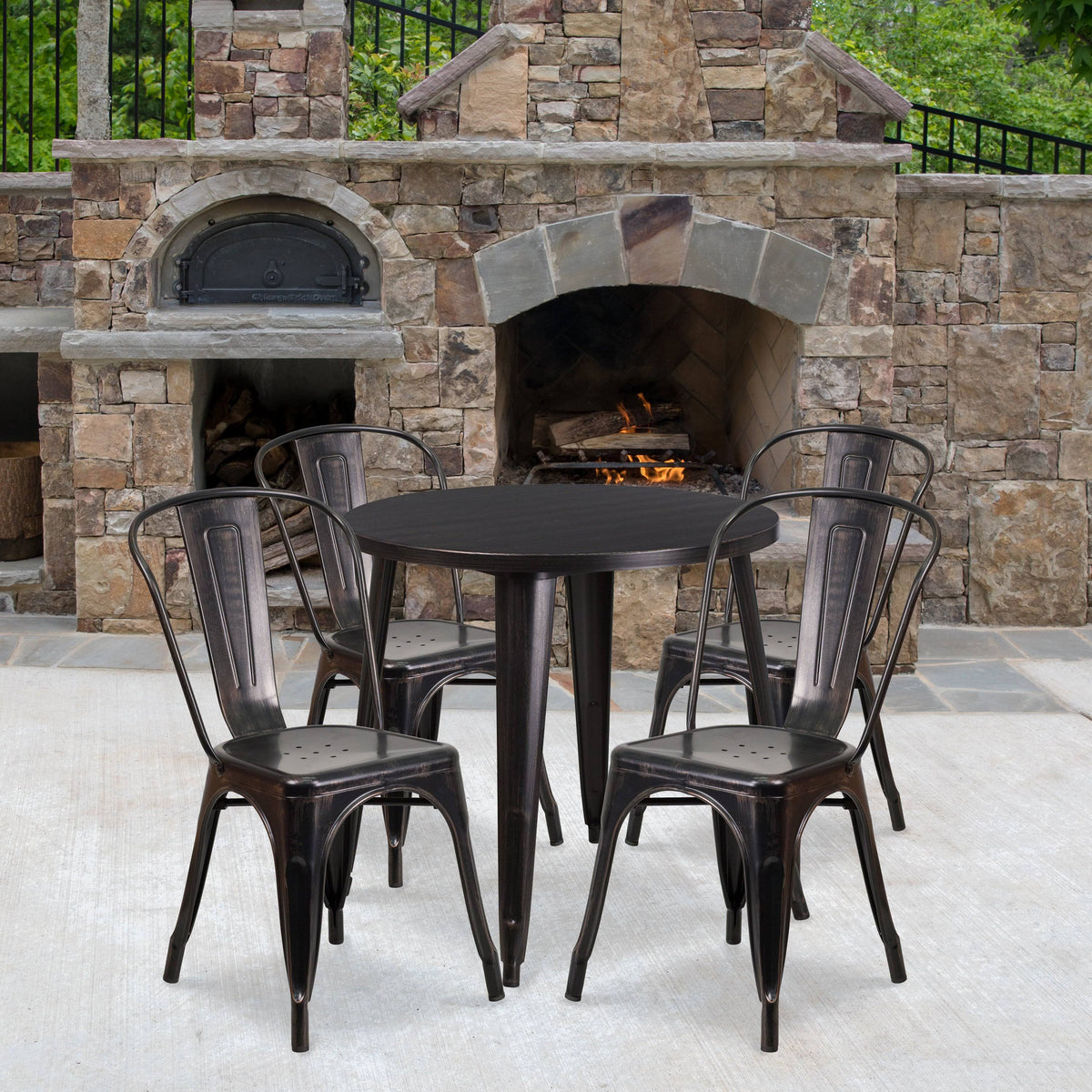 Round Black-Antique Gold Metal Table Set with 4 Cafe Chairs L47563