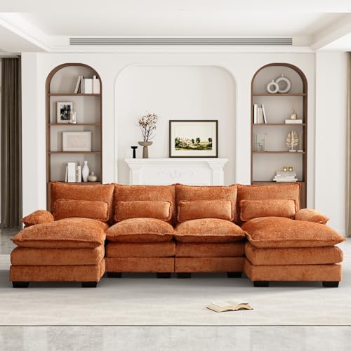 U Shape Sectional Sofa, 110" Upholstery Modular Sofa, 4 Seat Chenille Sleeper Sofa with Double Chaise, Orange Q6210