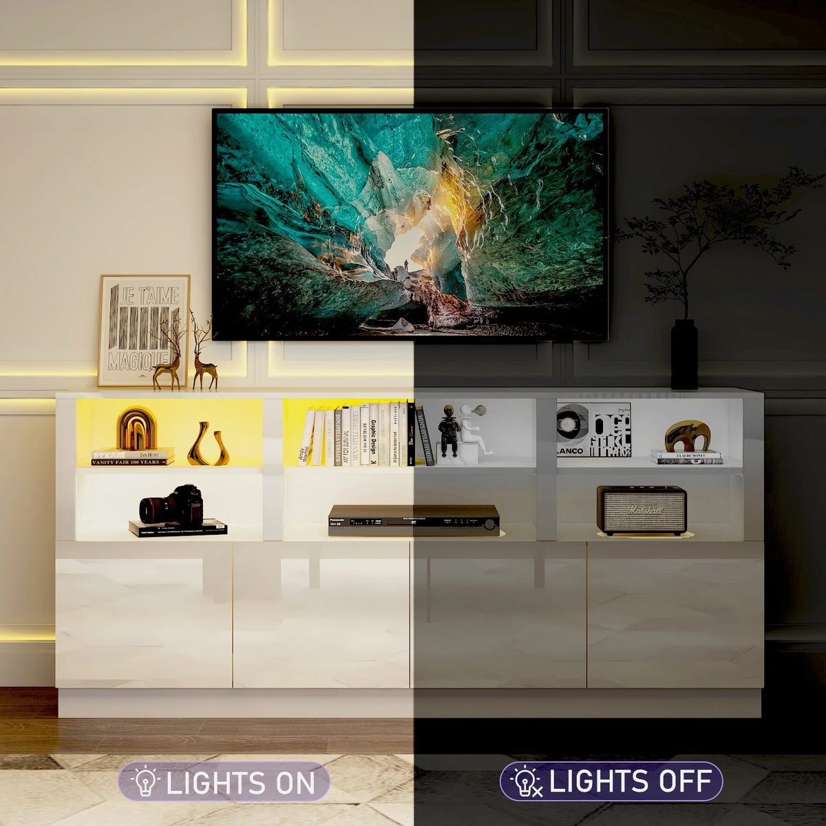 White 70" LED TV Stand with 6 Shelves and Storage Cabinets X23761