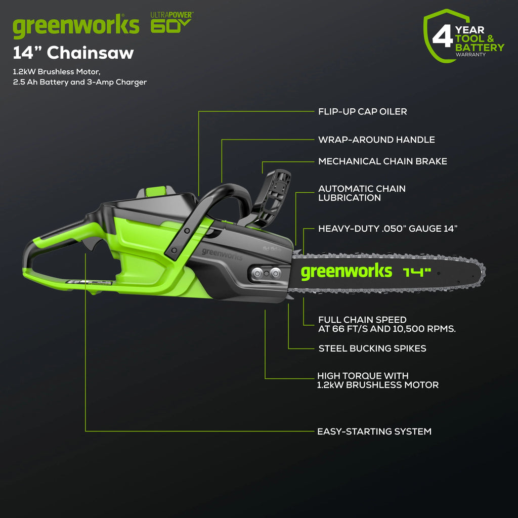 60V 14” 1.2kW Chainsaw with 2.5 Ah Battery & 3 Amp Charger D832618