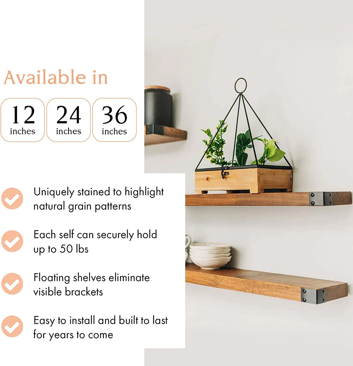 Wall Mounted Wooden Floating Shelves, Light Walnut 12", 24" & 36" Set L20312