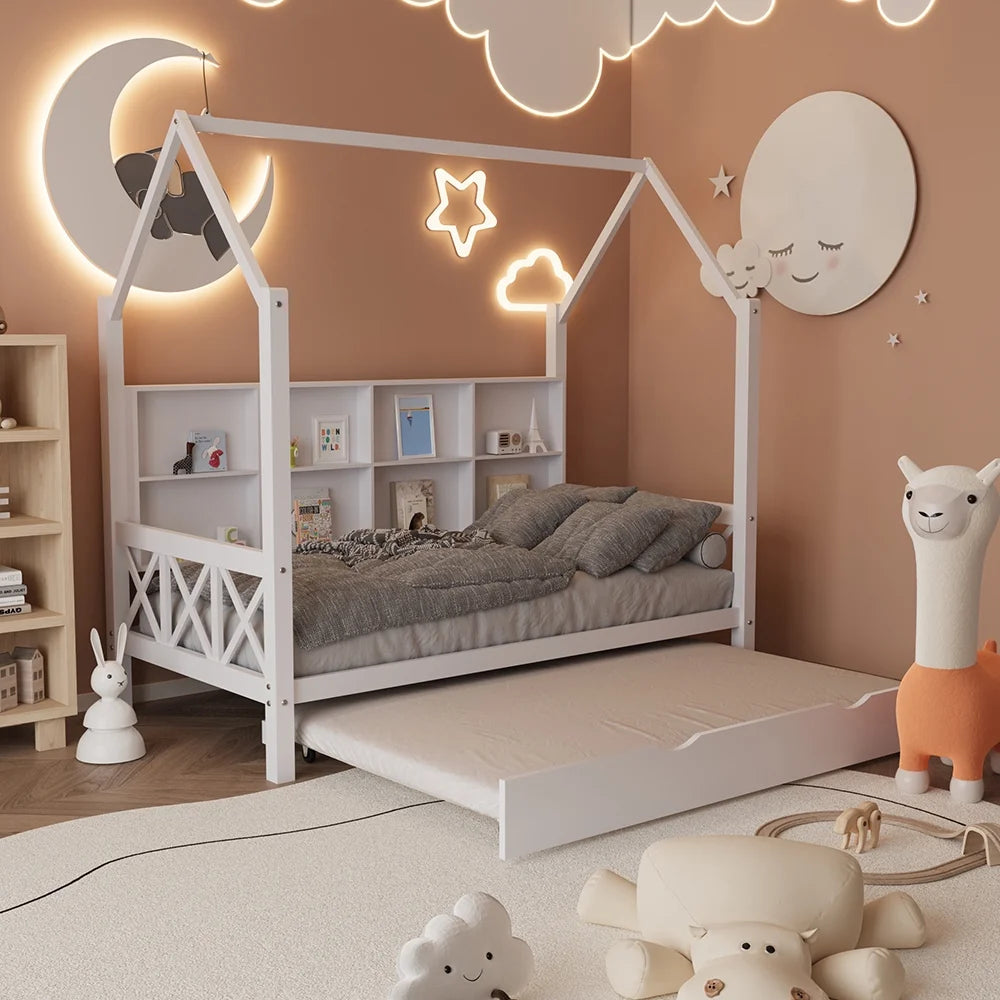 Twin House Bed with Trundle and Storage Shelve I340