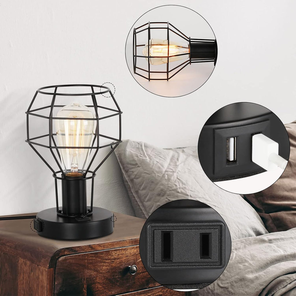 Black Industrial Table Lamp with USB Ports and AC Outlet J589