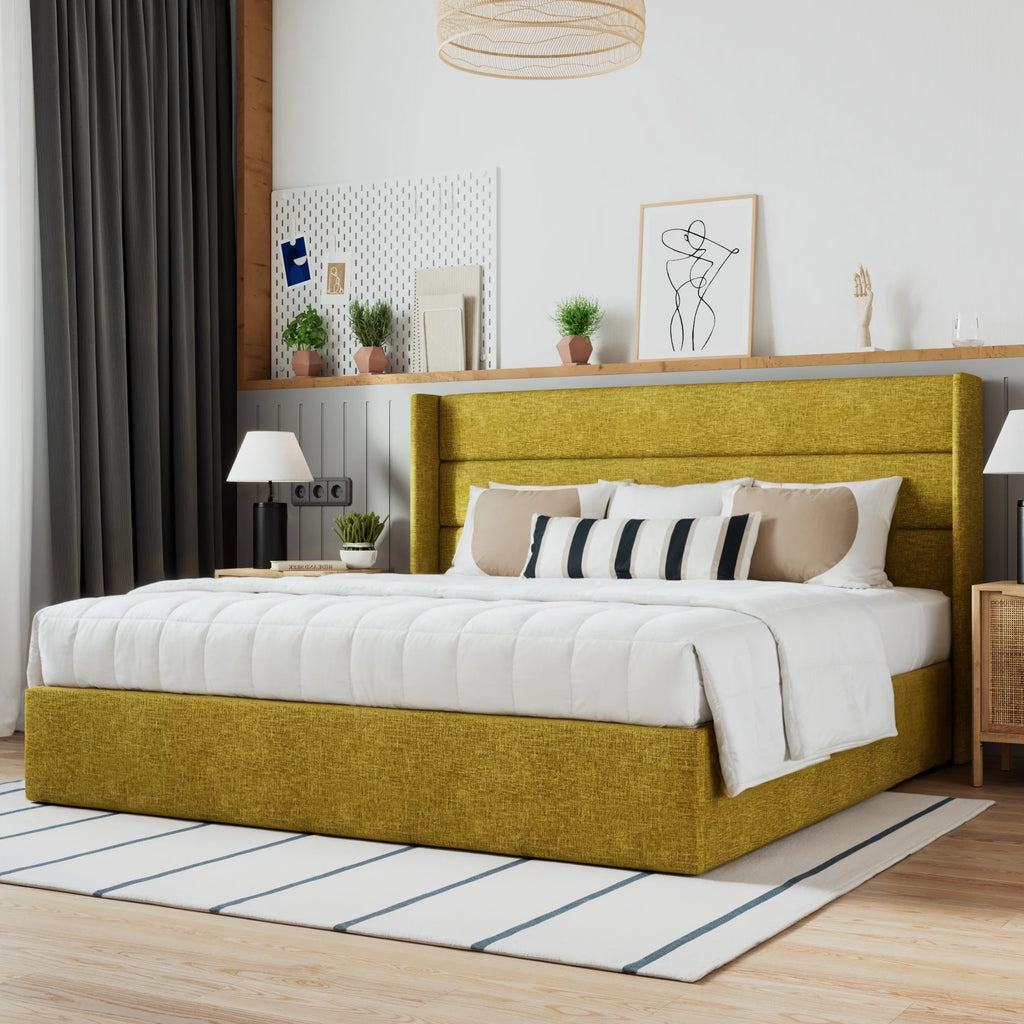 Beige Queen Size Lift Up Platform Bed Frame with Headboard W307