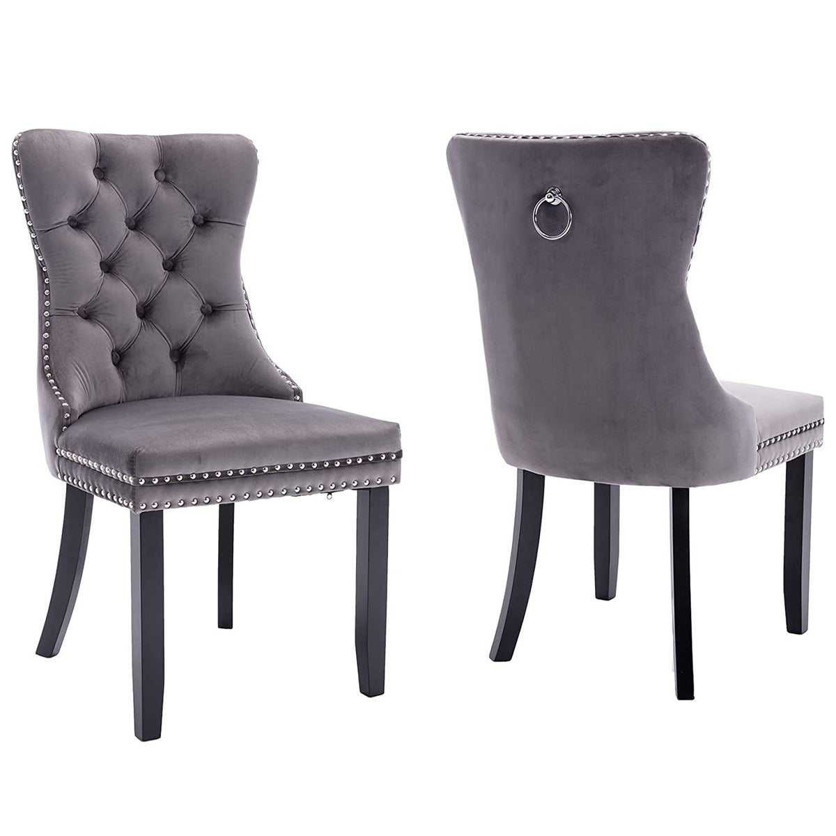 Set of 2 Velvet Upholstered Tufted Dining Chairs with Ring Back and Nailhead Trim Gray Y23082