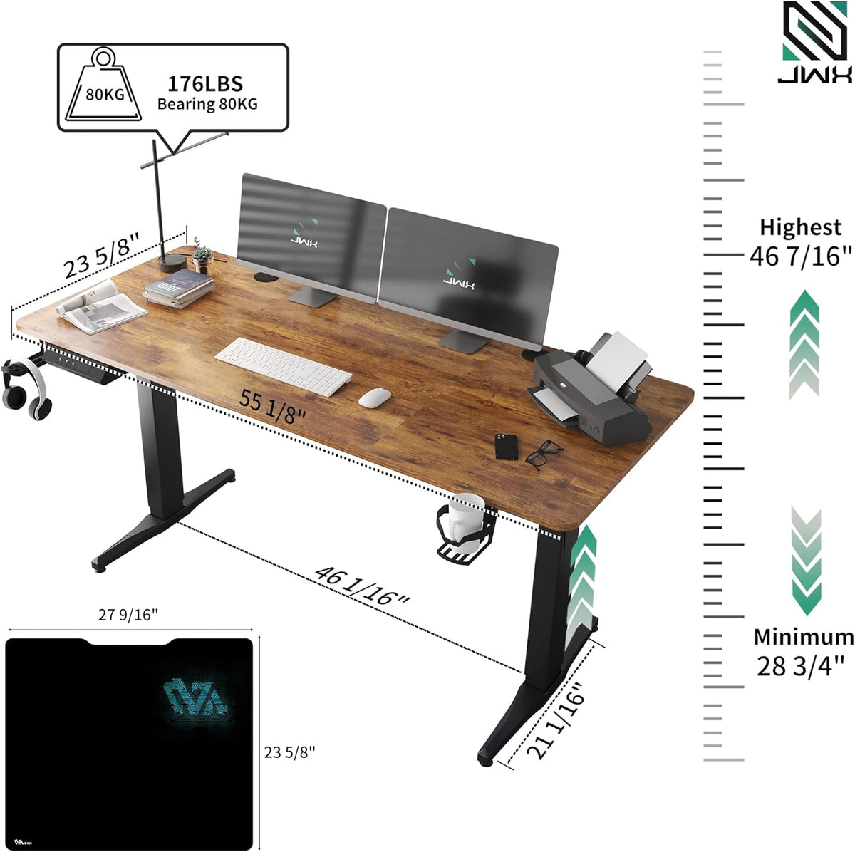 55 inch Adjustable Height Electric Standing Desk with Cup Holder, Headphone Hook, Cable Manager, Mouse pad, Walnut Wood V25906