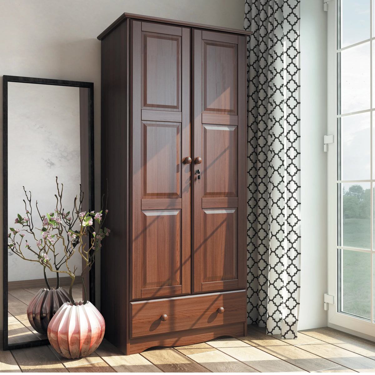 100% Solid Wood Wardrobe Armoire Mocha N9022