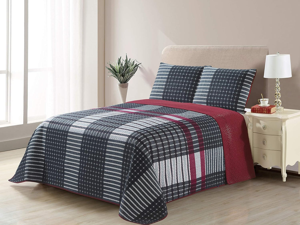3pc Plaid Reversible Bedspread Quilt Set Full/Queen Size N8980