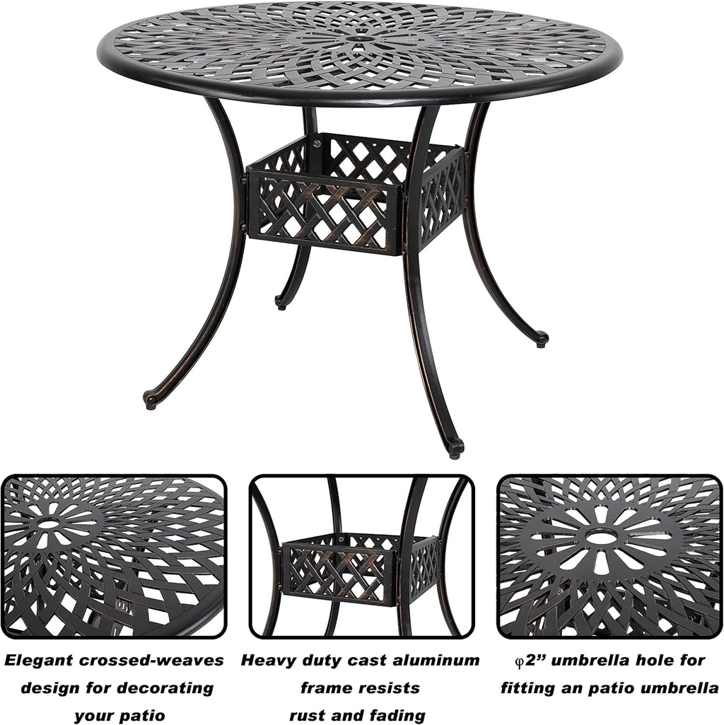 Black 42 Inch Round Cast Aluminum Patio Dining Table with Umbrella Hole G60086