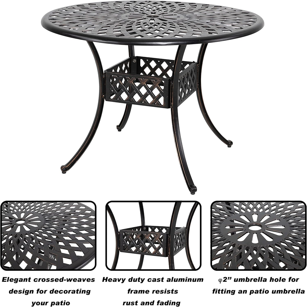 Black 42 Inch Round Cast Aluminum Patio Dining Table with Umbrella Hole G60086