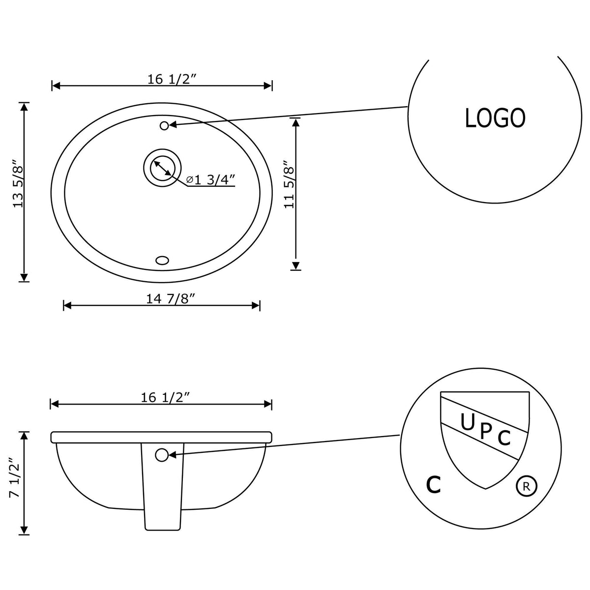 16.5 inch 13.25 inch Oval Undermount Sink in White P92022
