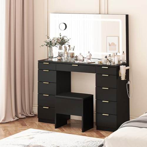 Vanity Desk with Sliding Lighted Mirror, Stool, 8 Storage Shelves, 5 Drawers, Charging Station C7669