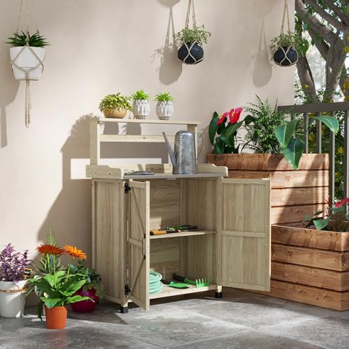 Gray Wooden Potting Table with 2 Door Cabinets and Galvanized Table Top S297