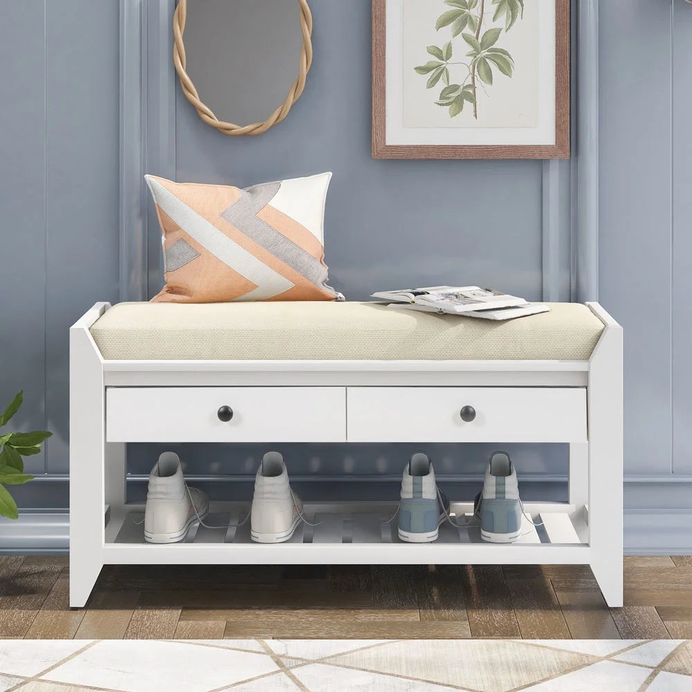 White Cushioned Seat Entryway Bench with 2 Drawers U7577