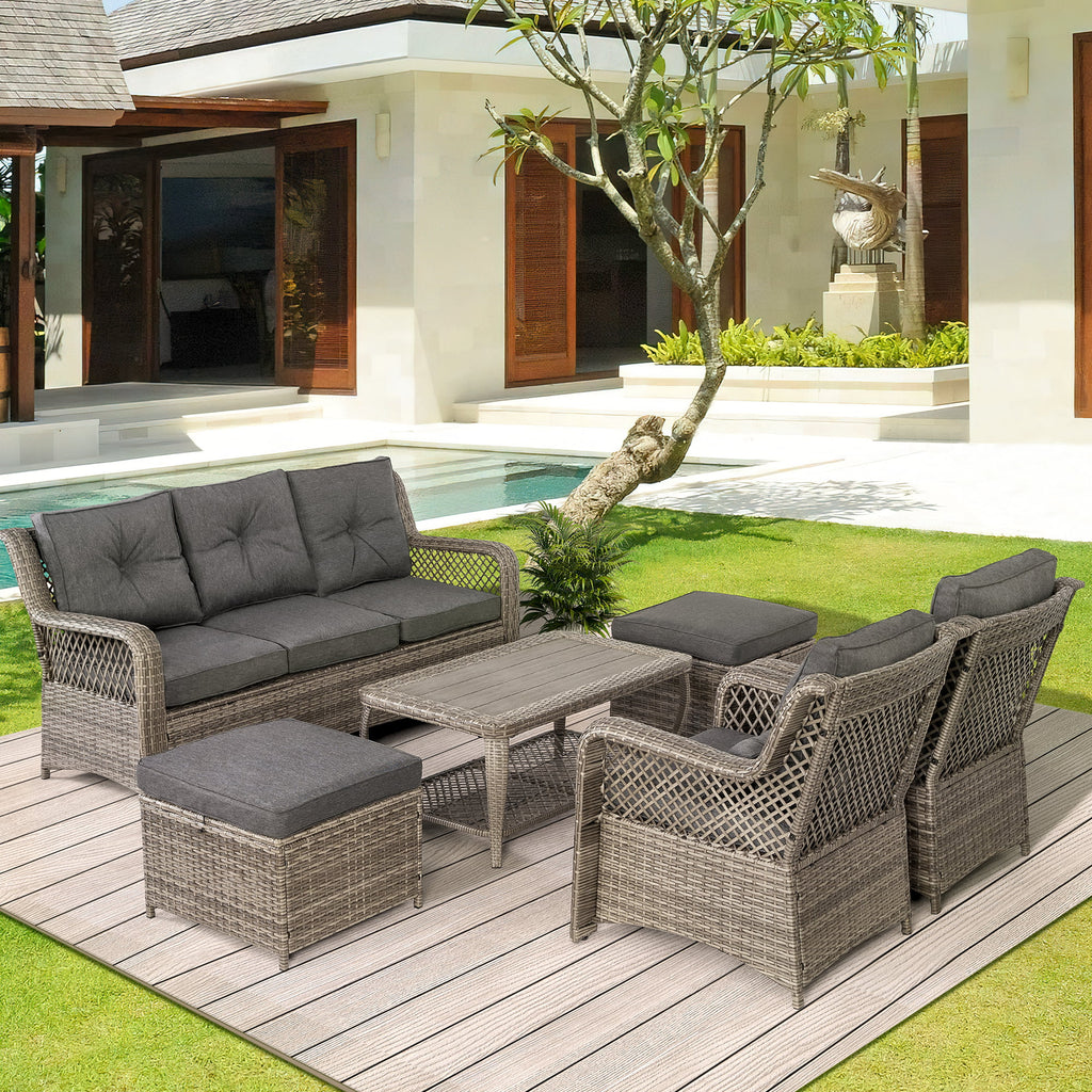 6 Piece Grey Rattan Patio Furniture Set with Ottoman N109