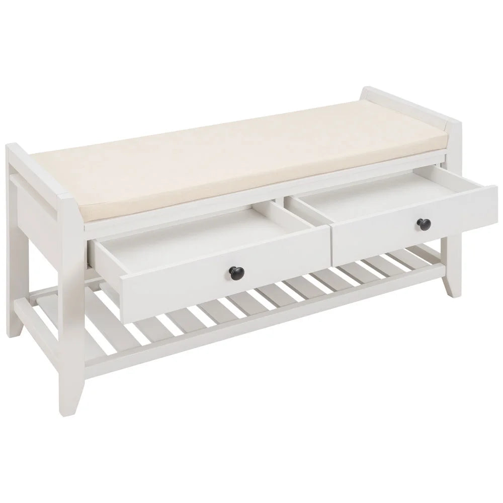 White Cushioned Seat Entryway Bench with 2 Drawers U7577