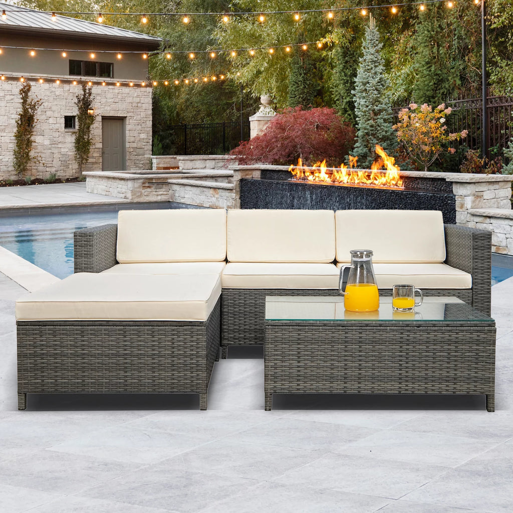 5 Piece Grey PE Rattan Wicker Patio Sofa Set with Glass Coffee Table D18488