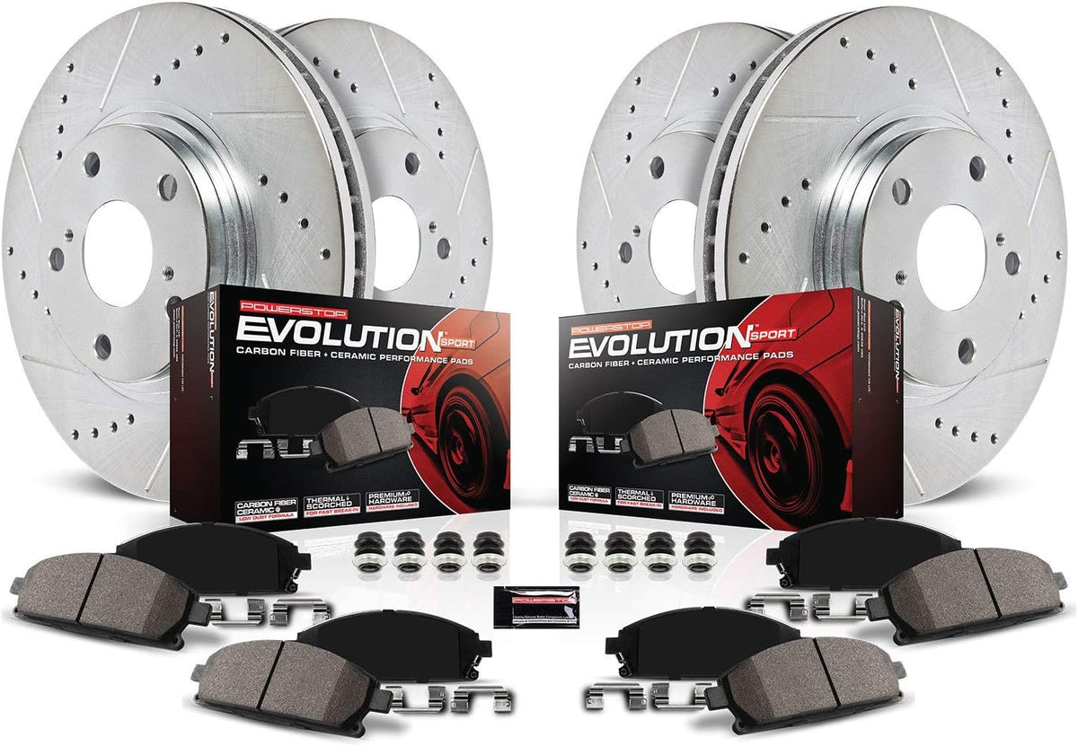 Front and Rear Carbon Fiber Brake Pads with Drilled & Slotted Brake Rotors Kit H321