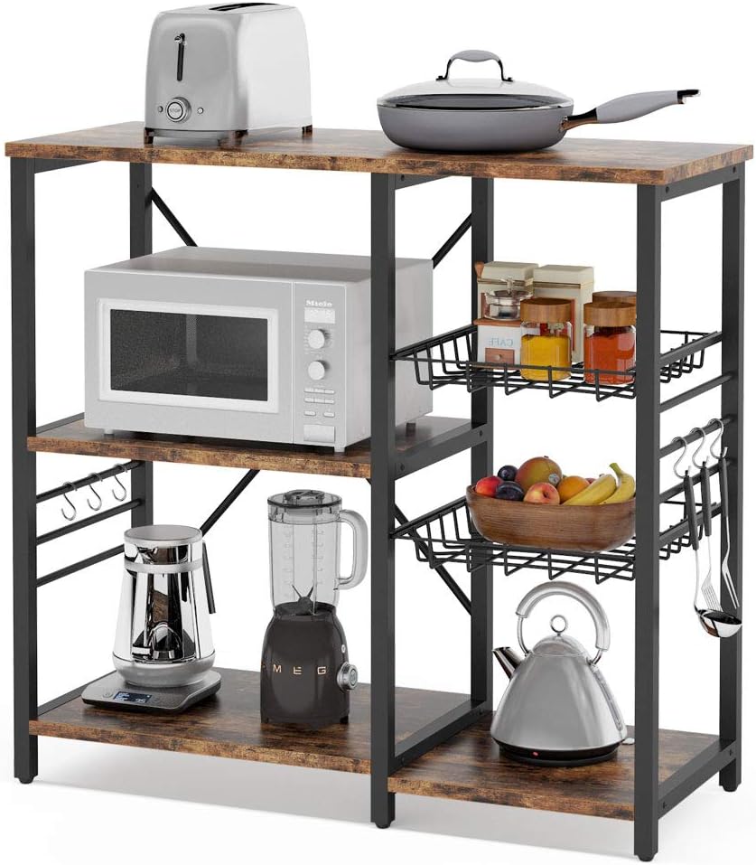 Kitchen Cart Microwave Oven Stand Utility Storage Shelf with Wire Basket and 6 Hooks T879508