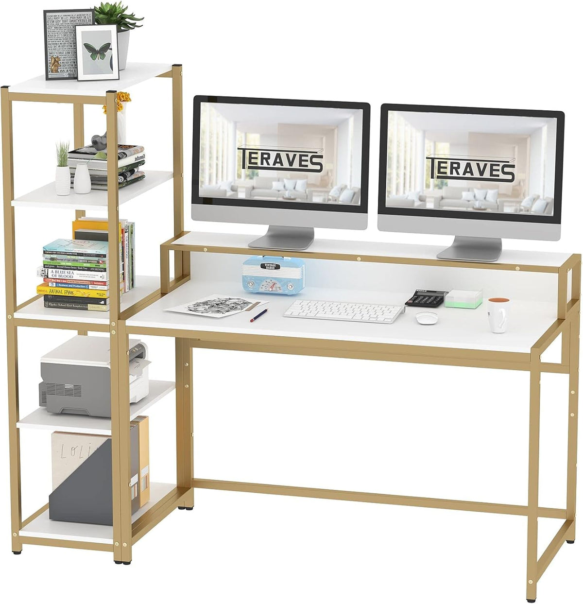White Gold Frame 47 Inch Computer Desk with 5 Tier Shelves U577022