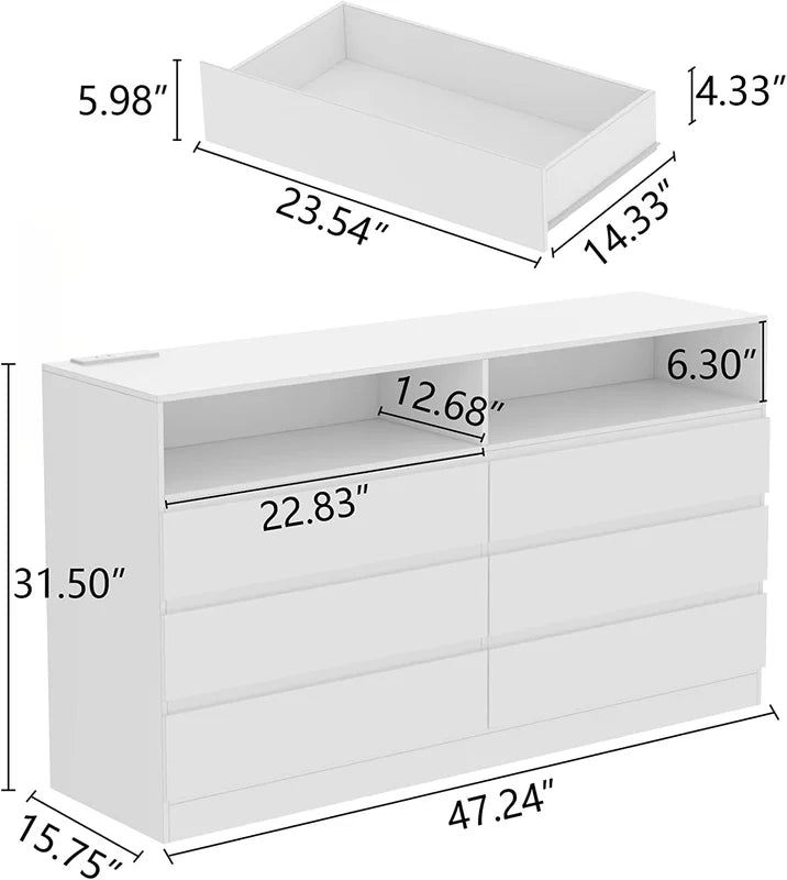 White 6 Drawer Double Dresser with Power Outlet and LED Light F244